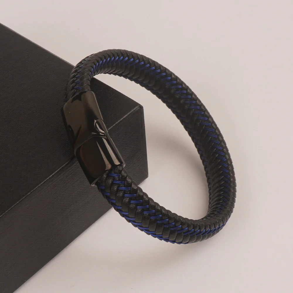 Black Leather Blue wire with Black magnetic lock Leather Bracelet