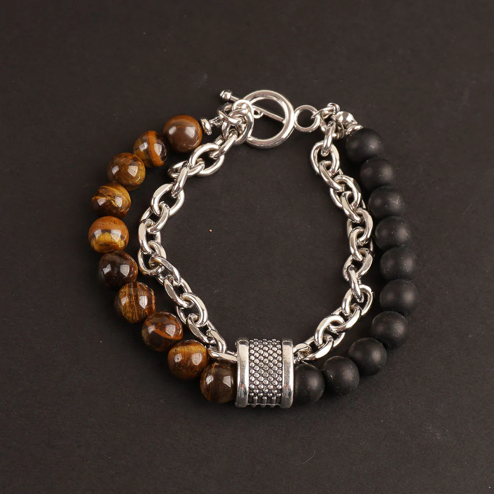 Stainless Steel Men's Tiger Eye BR154 Gunmetal Stone Link Chain Bracelet