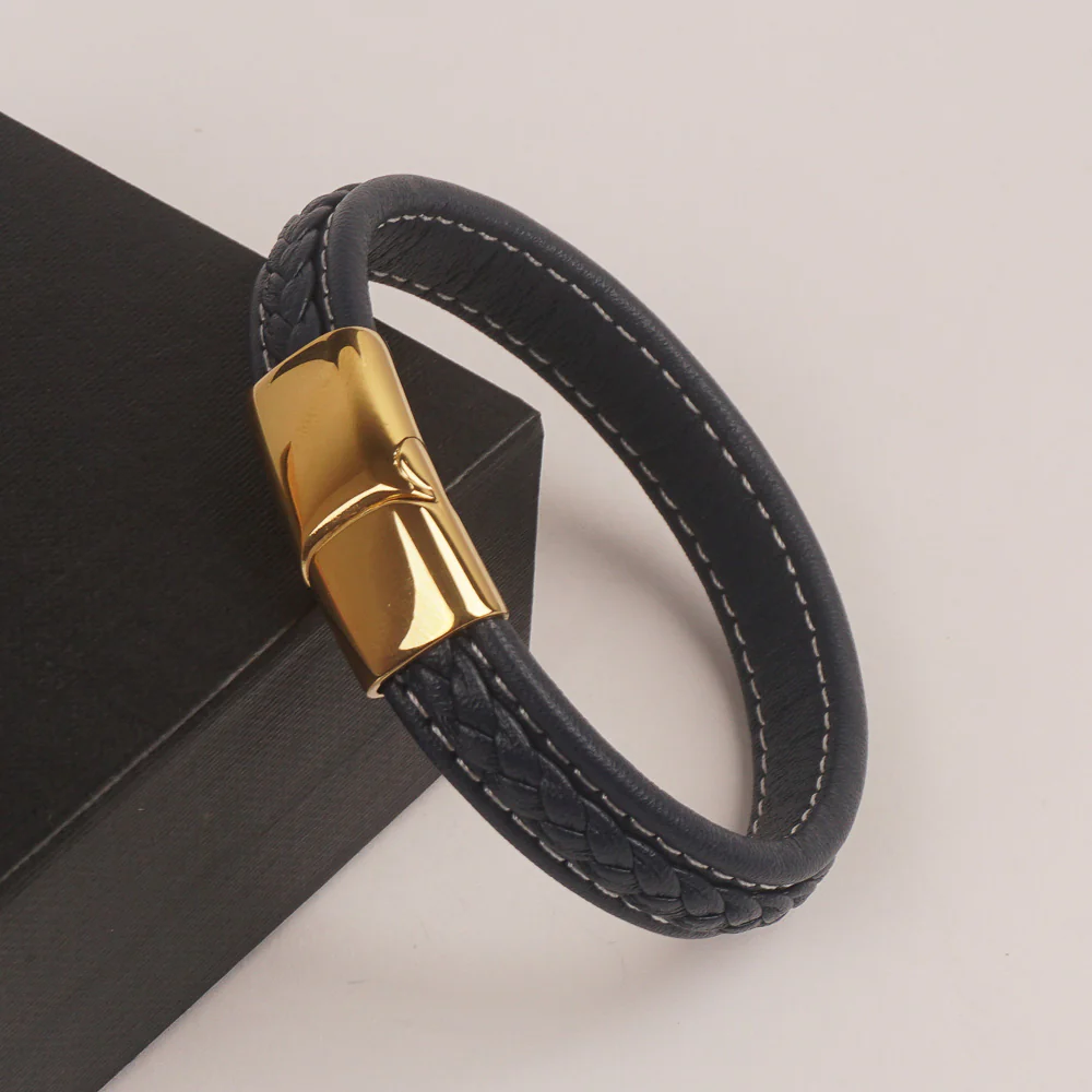 Bllue Leather with golden magnetic lock Fashion Leather Bracelet