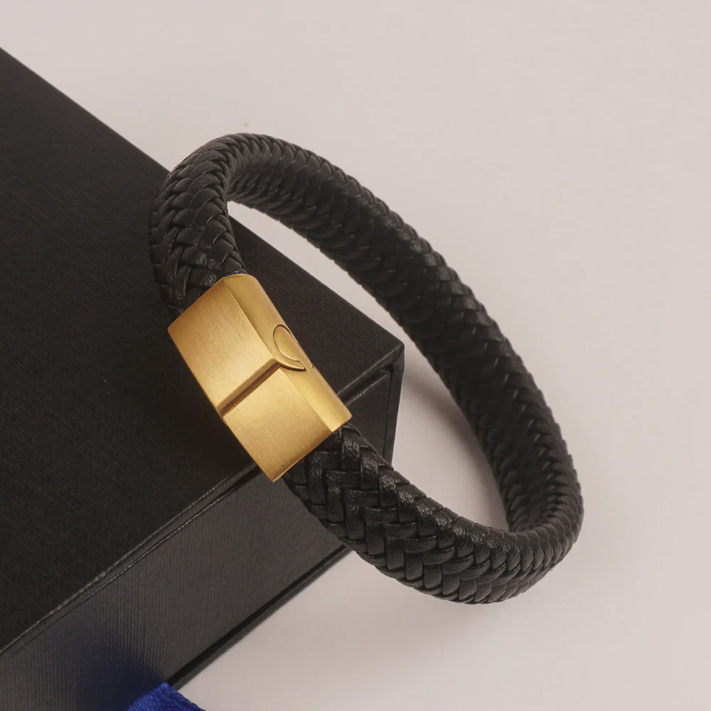Black Leather with Golden magnetic lock Leather Bracelet