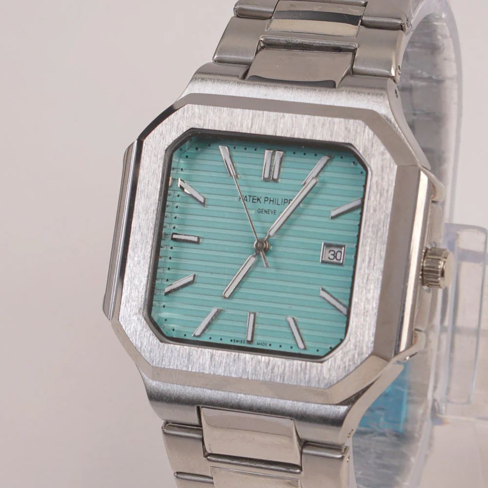 Mens Chain Silver Square Wrist Watch Cyan/Green Dial