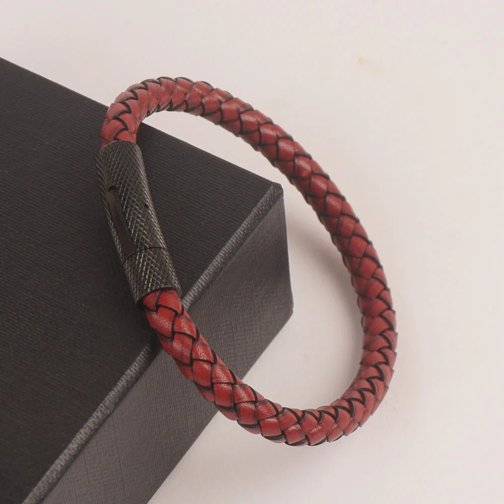 Red Leather with Black Lock Leather Fashion Bracelet