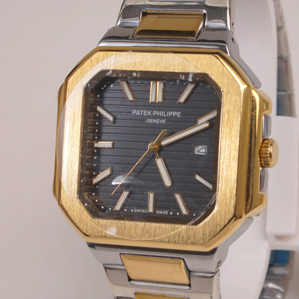 Two Tone Mens Chain Square Wrist Watch Black Dial