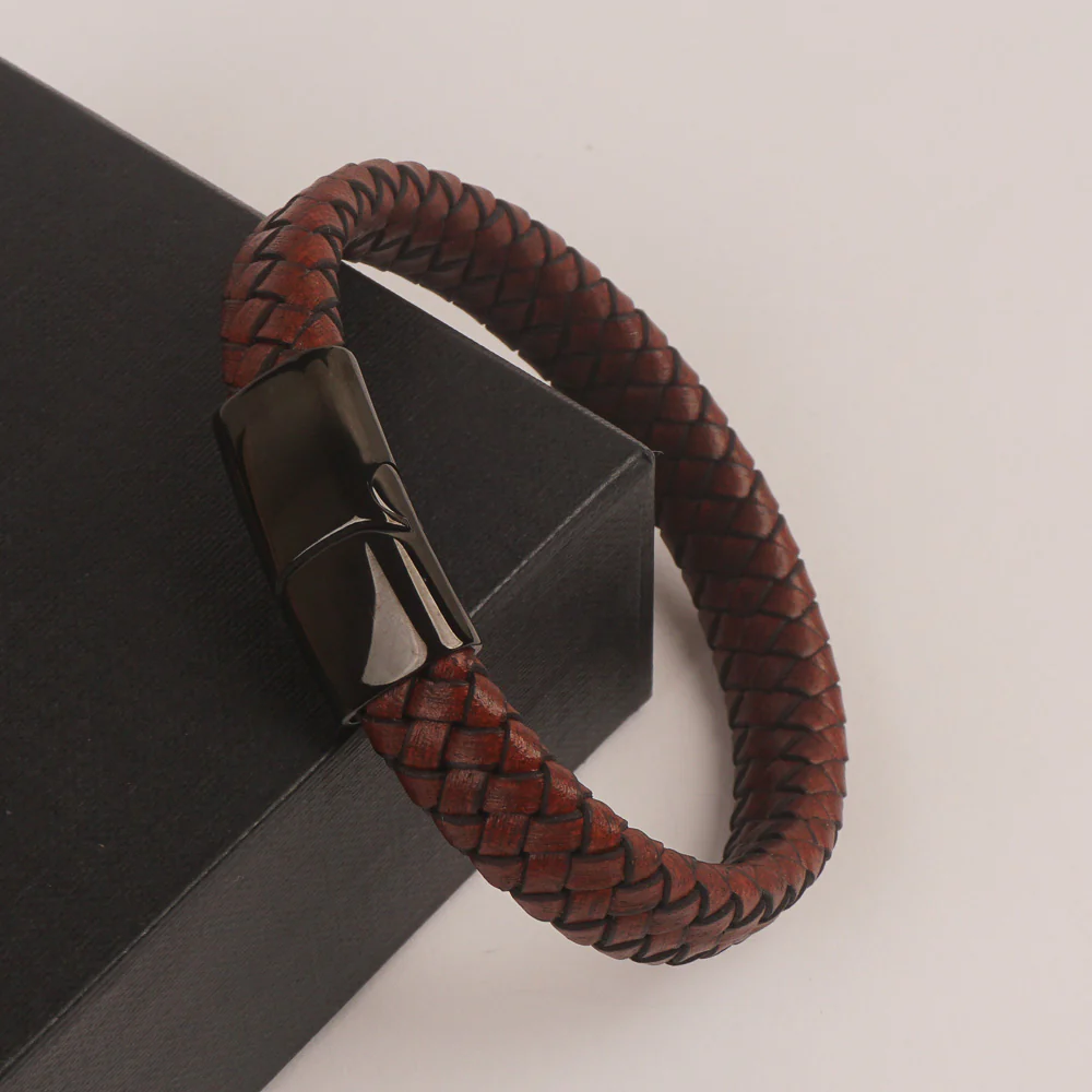 Brown Leather Black magnetic lock Leather Bracelet