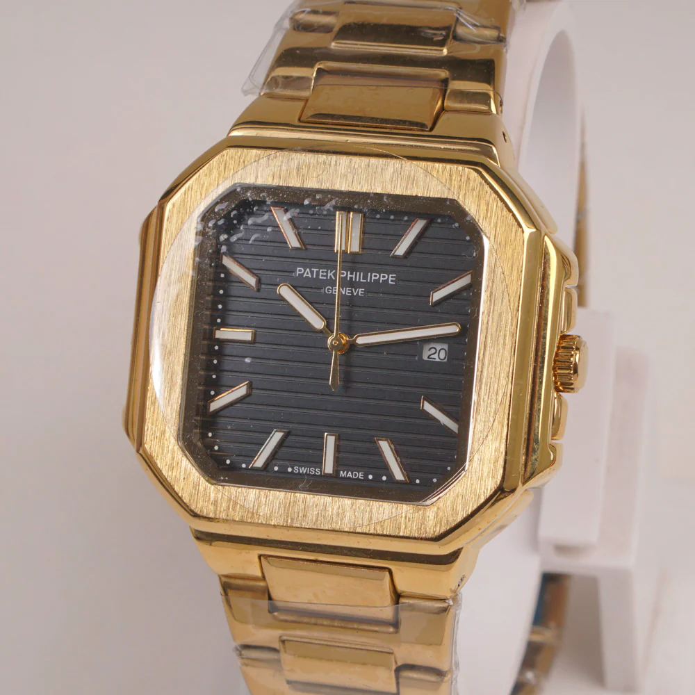 Mens Golden Chain Square Wrist Watch Black Dial