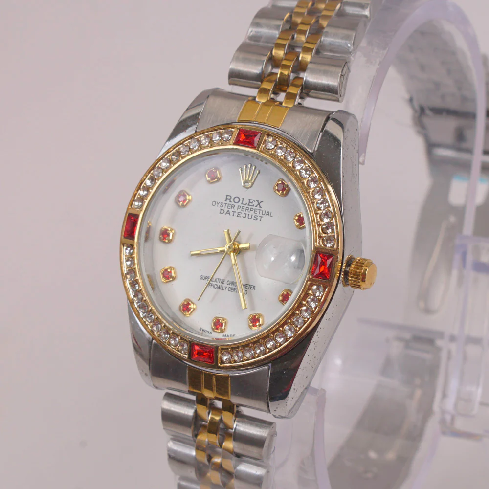 Two Tone Silver Chain Womans Watch Red