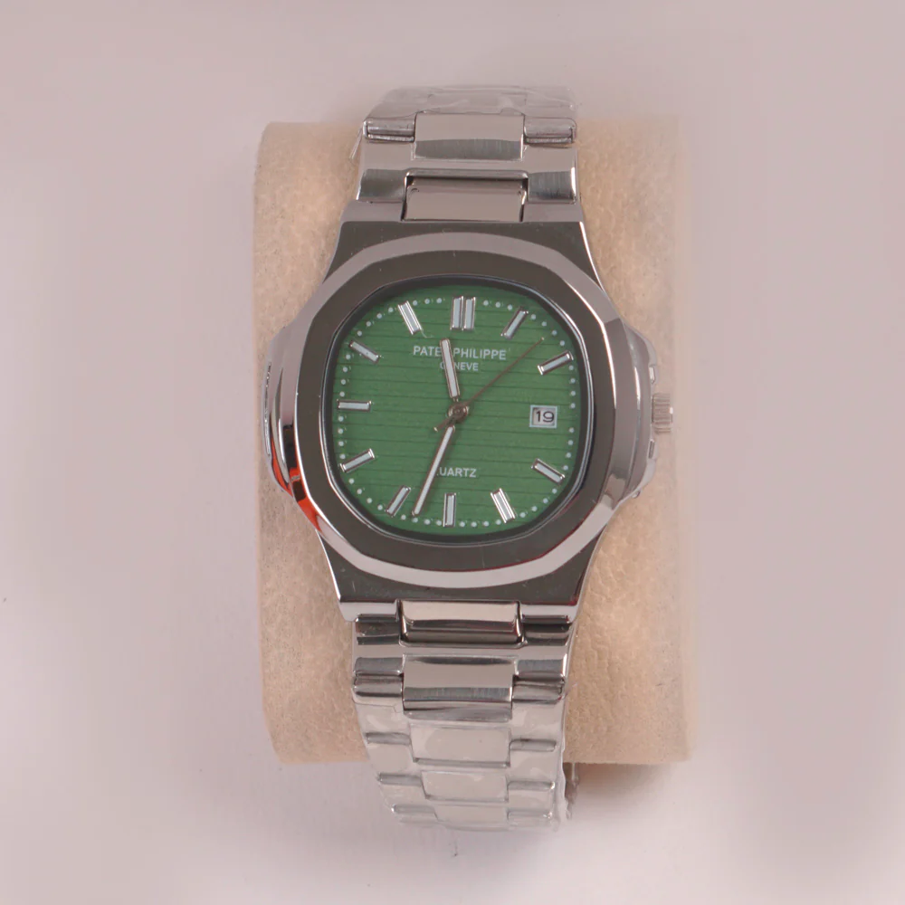 Mans Silver Chain Wrist Watch Green Dial