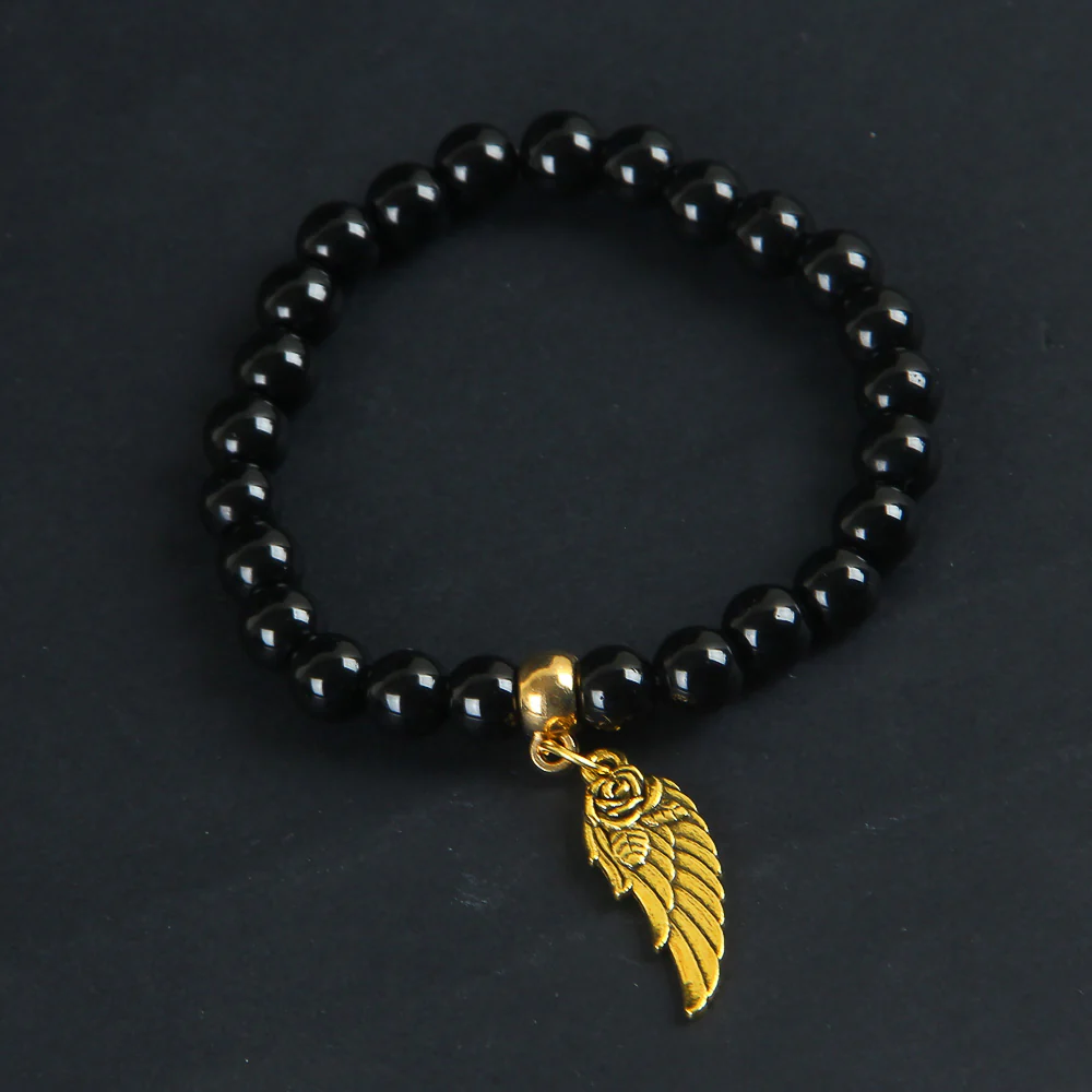 Black Beads Bracelet with Leaf