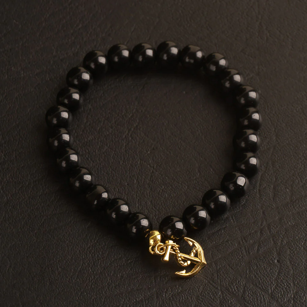 Black Beads Bracelet with Anchor