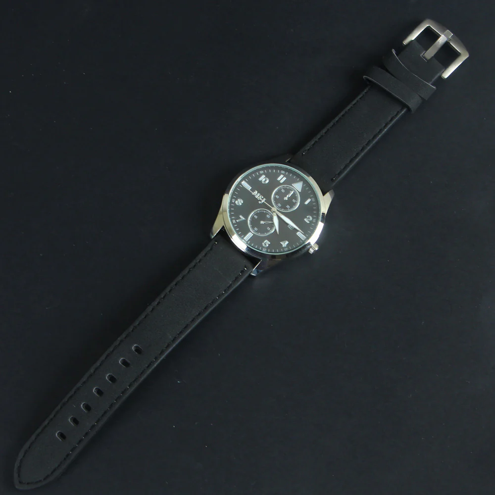 Black Leather Strap Black Dial with Silver Case Fashion MJ2012 Wrist Watch