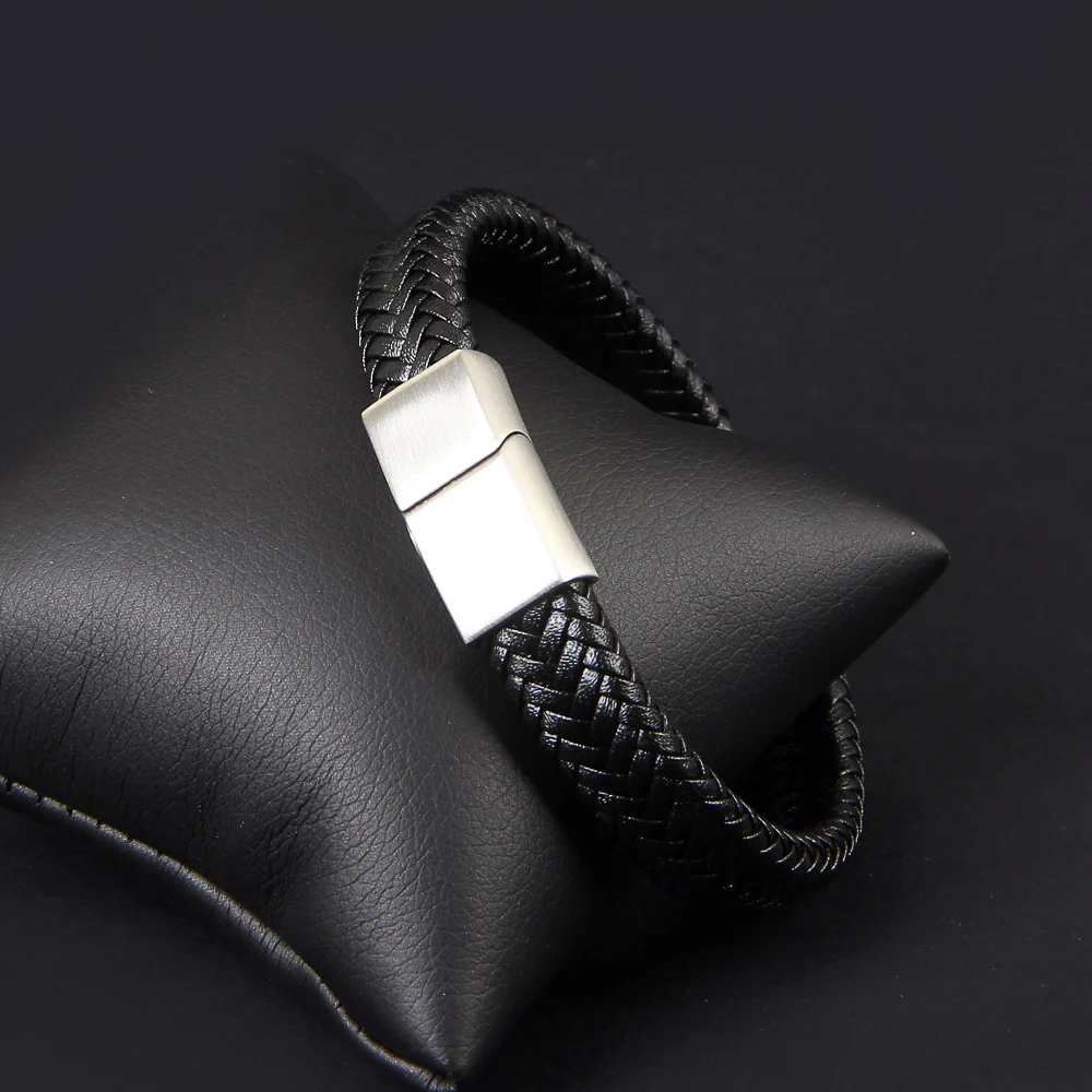 Black Braided Leather Silver Magnetic Lock Fashion Bracelet