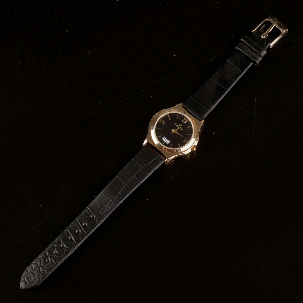 Black Leather Strap Golden Dial Women Wrist Watch