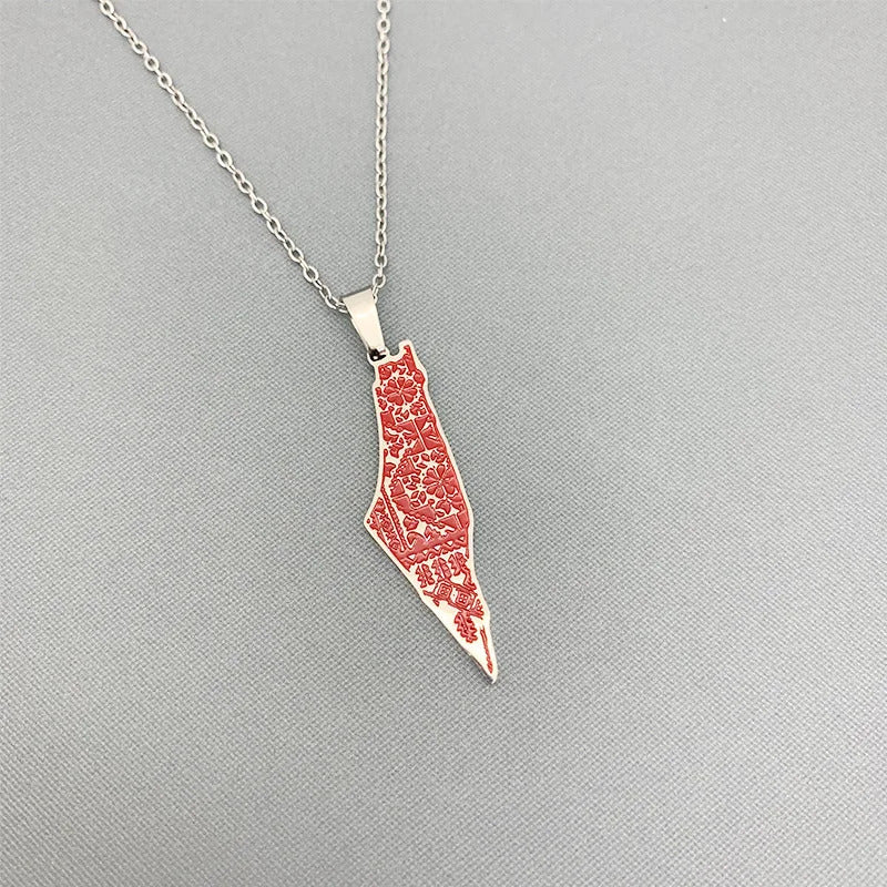 Palestine Map Necklace with Traditional Tatreez Pattern �C Symbol of Heritage