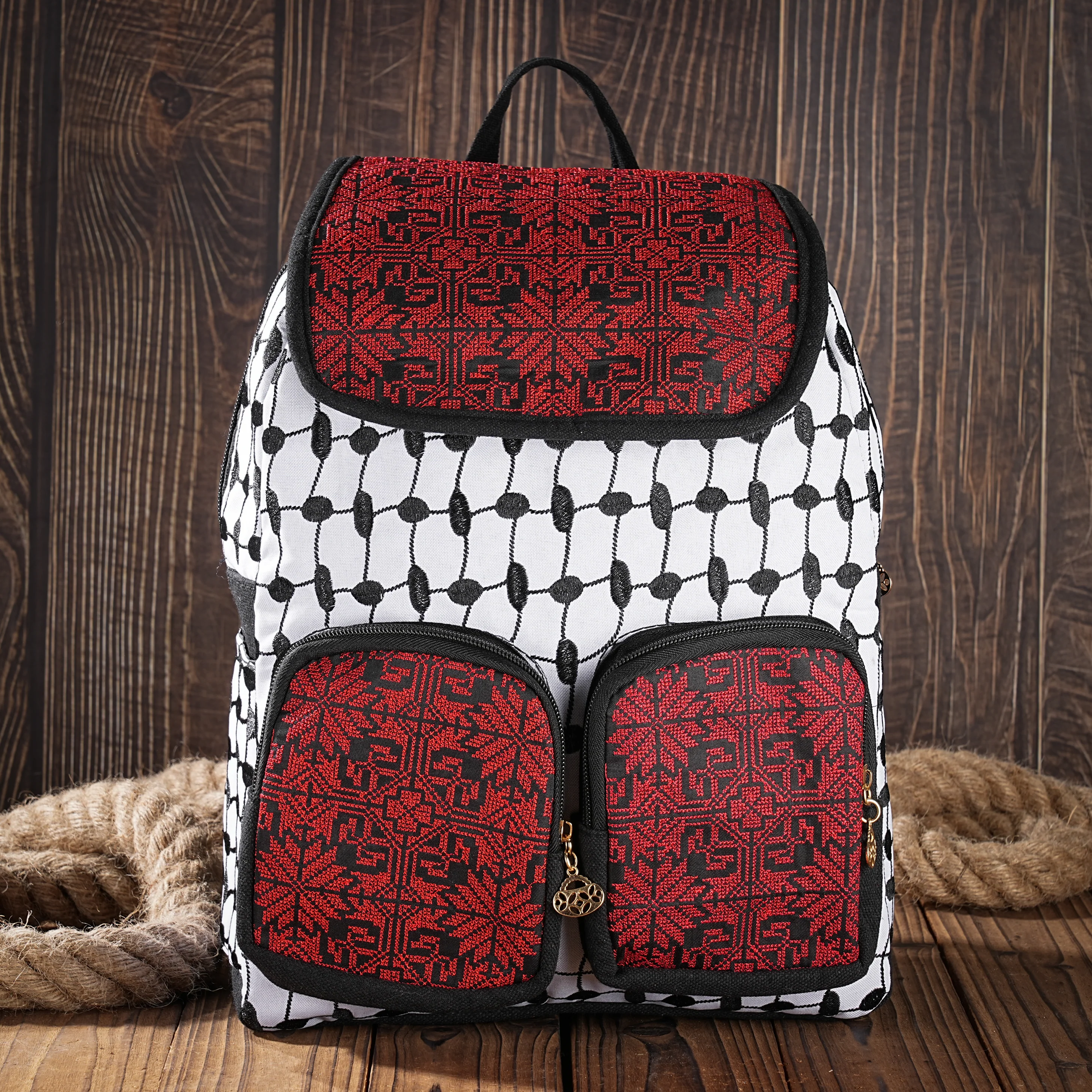Handmade Tatreez & Kufiya Pattern Embroidered Backpack �C Palestinian Craftsmanship