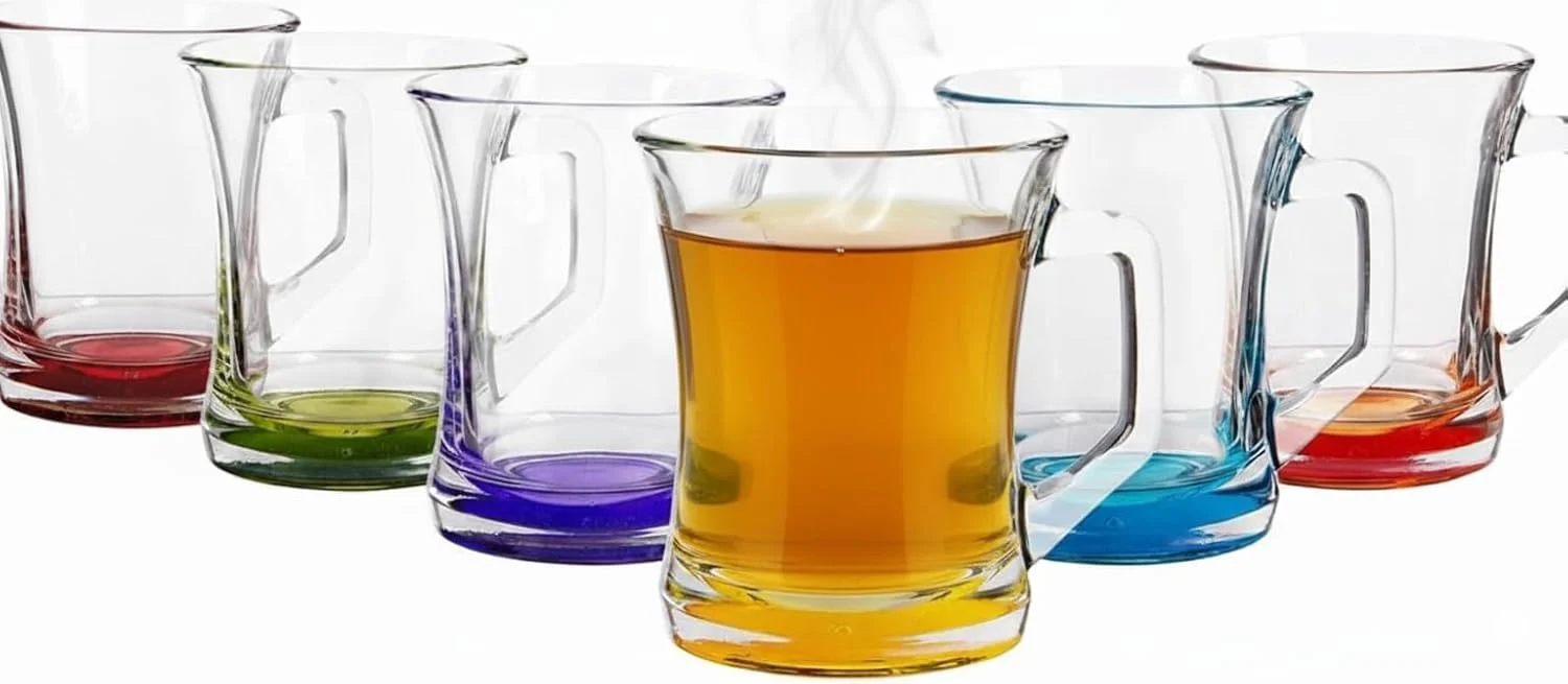 Acense 6X 225ml Multicolour Base Zen+ Glass Coffee Mugs �C Stylish Tea, Latte, Cappuccino, and Hot Chocolate Cups, Heat and Shock Resistant