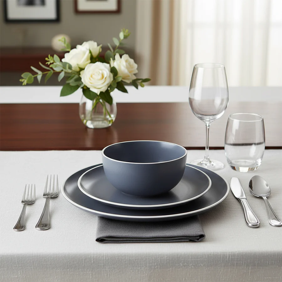 12 Piece Grey Dinner Set With White Rim