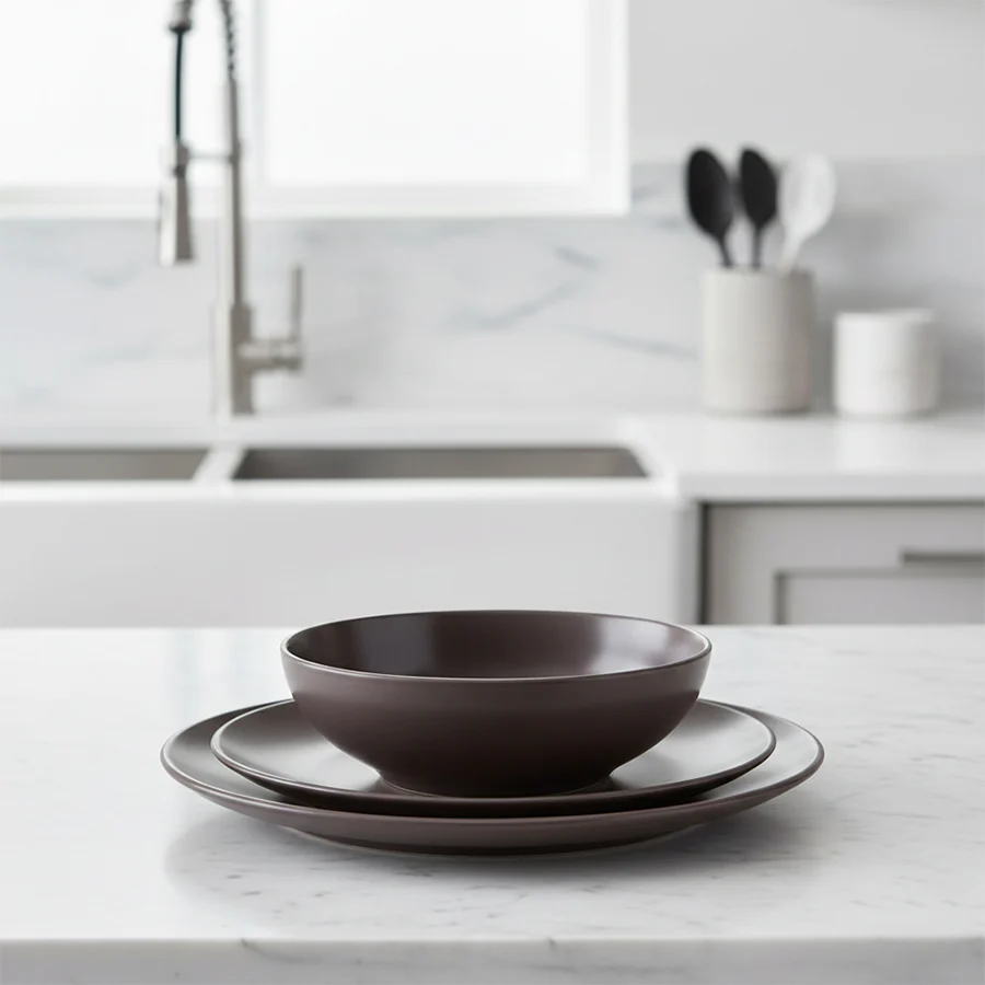 12 Piece Brown Stoneware Dinner Set