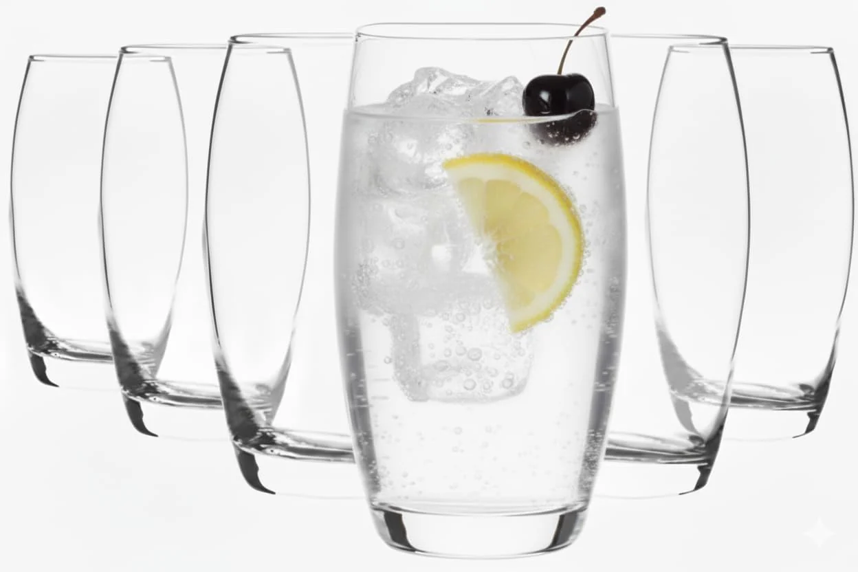 Acense 6X 510ml Clear Empire Highball Glasses �C Tall Glasses for Water, Gin, Juice, Cocktails, and More, Dishwasher Safe